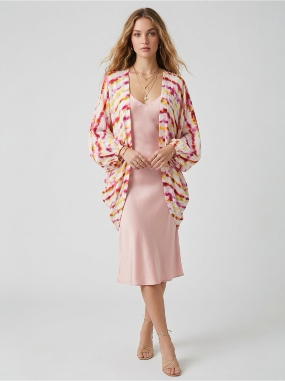 Anthropologie Pink Yellow Tie Dye Kimono Boho Festival Vacation Top OS